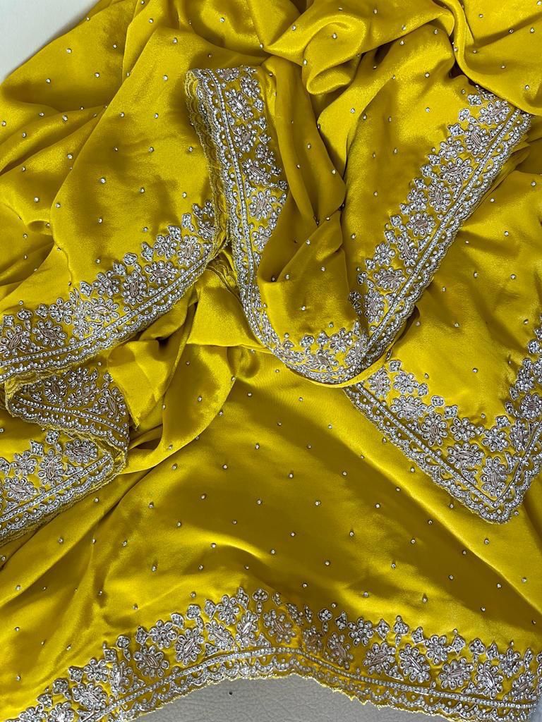 Beautiful Zardozi and Zarkan Work Crepe Satin Saree