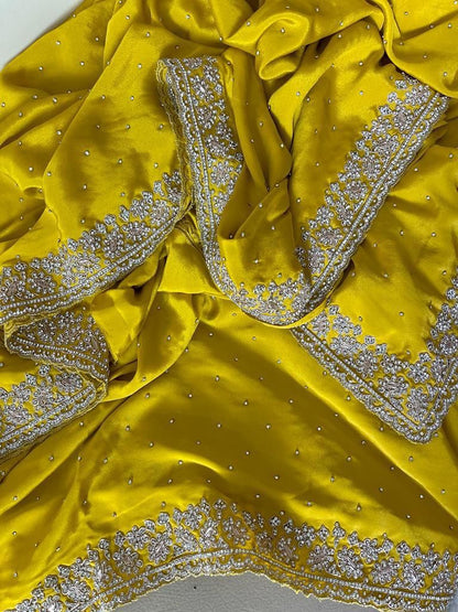 Beautiful Zardozi and Zarkan Work Crepe Satin Saree