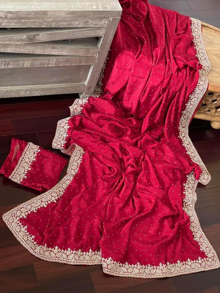 Beautiful Zardozi and Zarkan Work Crepe Satin Saree