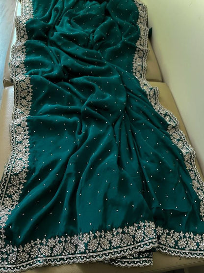 Beautiful Zardozi and Zarkan Work Crepe Satin Saree