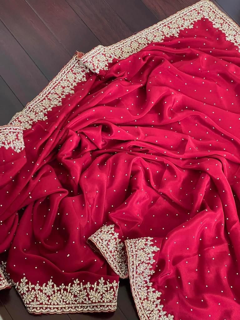 Beautiful Zardozi and Zarkan Work Crepe Satin Saree