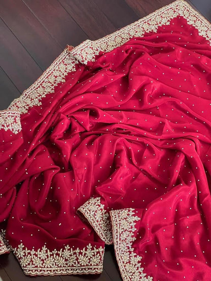 Beautiful Zardozi and Zarkan Work Crepe Satin Saree