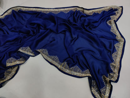 Beautiful Zardozi and Zarkan Work Crepe Satin Saree