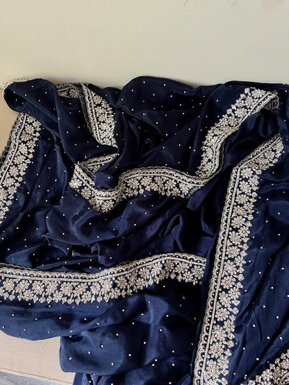 Beautiful Zardozi and Zarkan Work Crepe Satin Saree