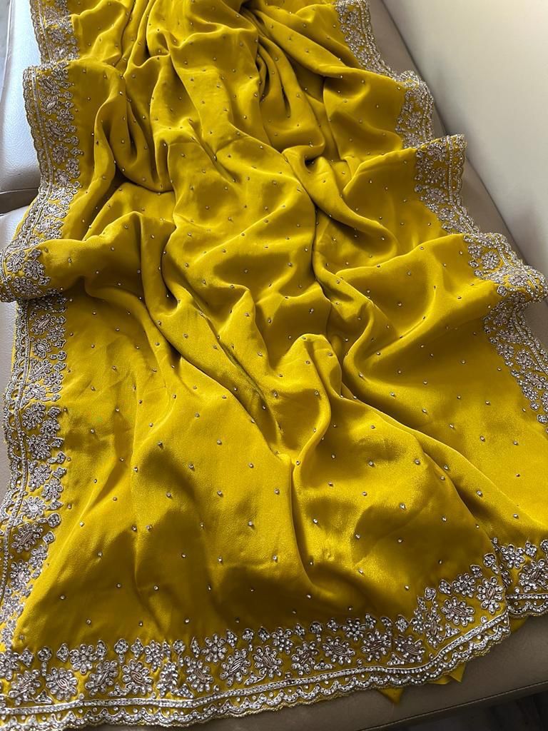 Beautiful Zardozi and Zarkan Work Crepe Satin Saree