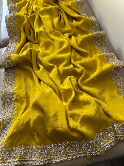 Beautiful Zardozi and Zarkan Work Crepe Satin Saree