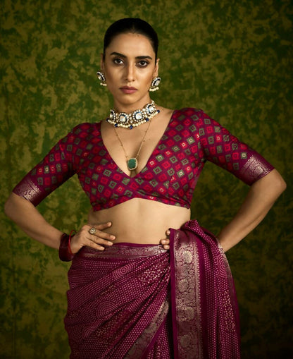 Joban Fashion Maroon Velvet Tussar Silk with Foil Print Saree