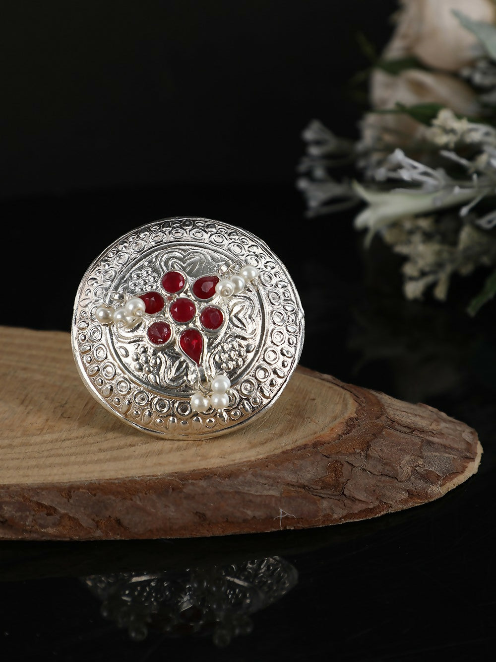 Joban Fashion Women Red Stone Silver Tone Ring