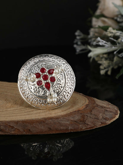 Joban Fashion Women Red Stone Silver Tone Ring