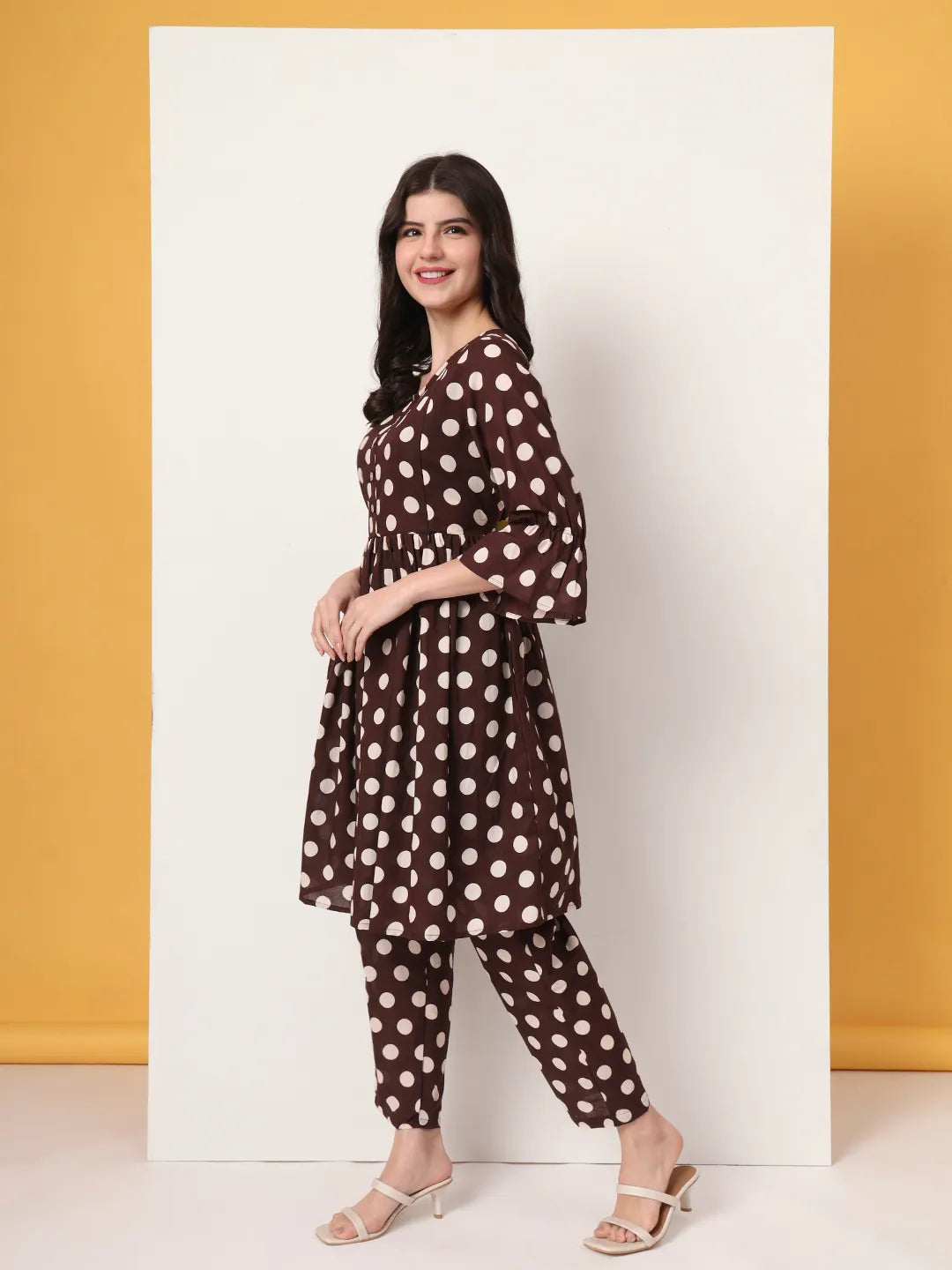 Yufta Brown Cotton Maternity Gathered Or Pleated Kurta Pants Set
