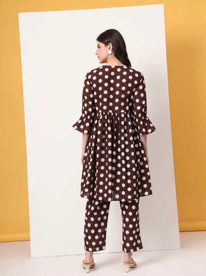 Yufta Brown Cotton Maternity Gathered Or Pleated Kurta Pants Set