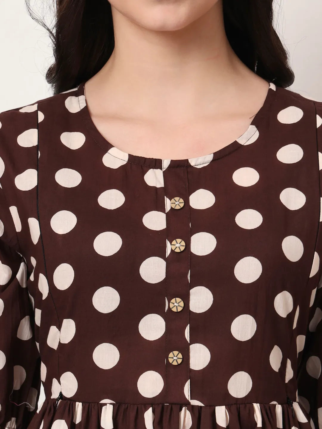 Yufta Brown Cotton Maternity Gathered Or Pleated Kurta Pants Set