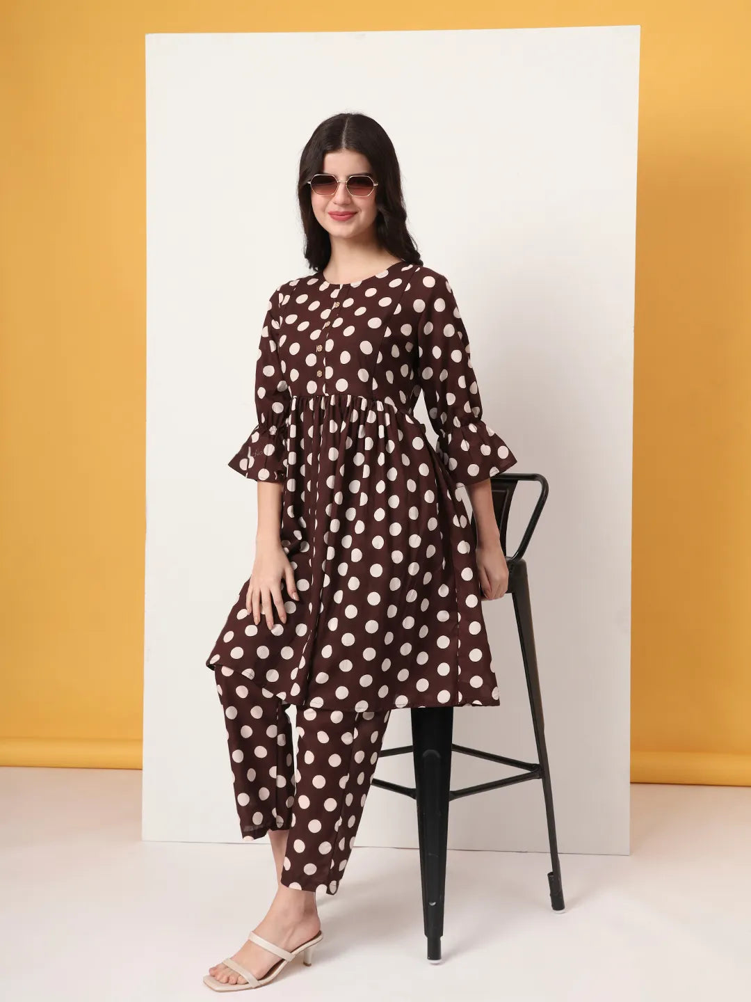 Yufta Brown Cotton Maternity Gathered Or Pleated Kurta Pants Set