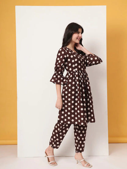 Yufta Brown Cotton Maternity Gathered Or Pleated Kurta Pants Set