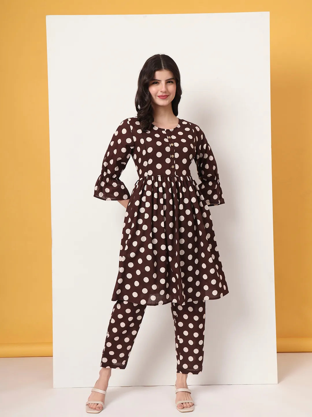 Yufta Brown Cotton Maternity Gathered Or Pleated Kurta Pants Set