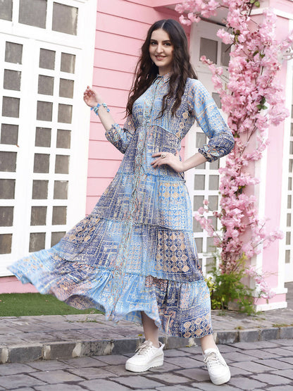 Light Blue Crepe Foil Printed Long Dress - Michan
