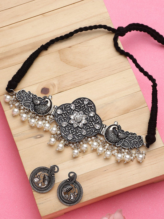 Cardinal Silver-Toned Black Colored Oxidized Choker Jewellery Set