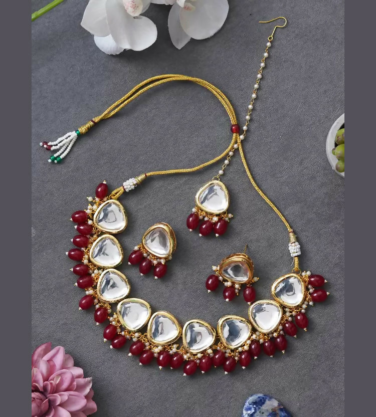 Joban Fashion Maroon Kundan Work Necklace Set