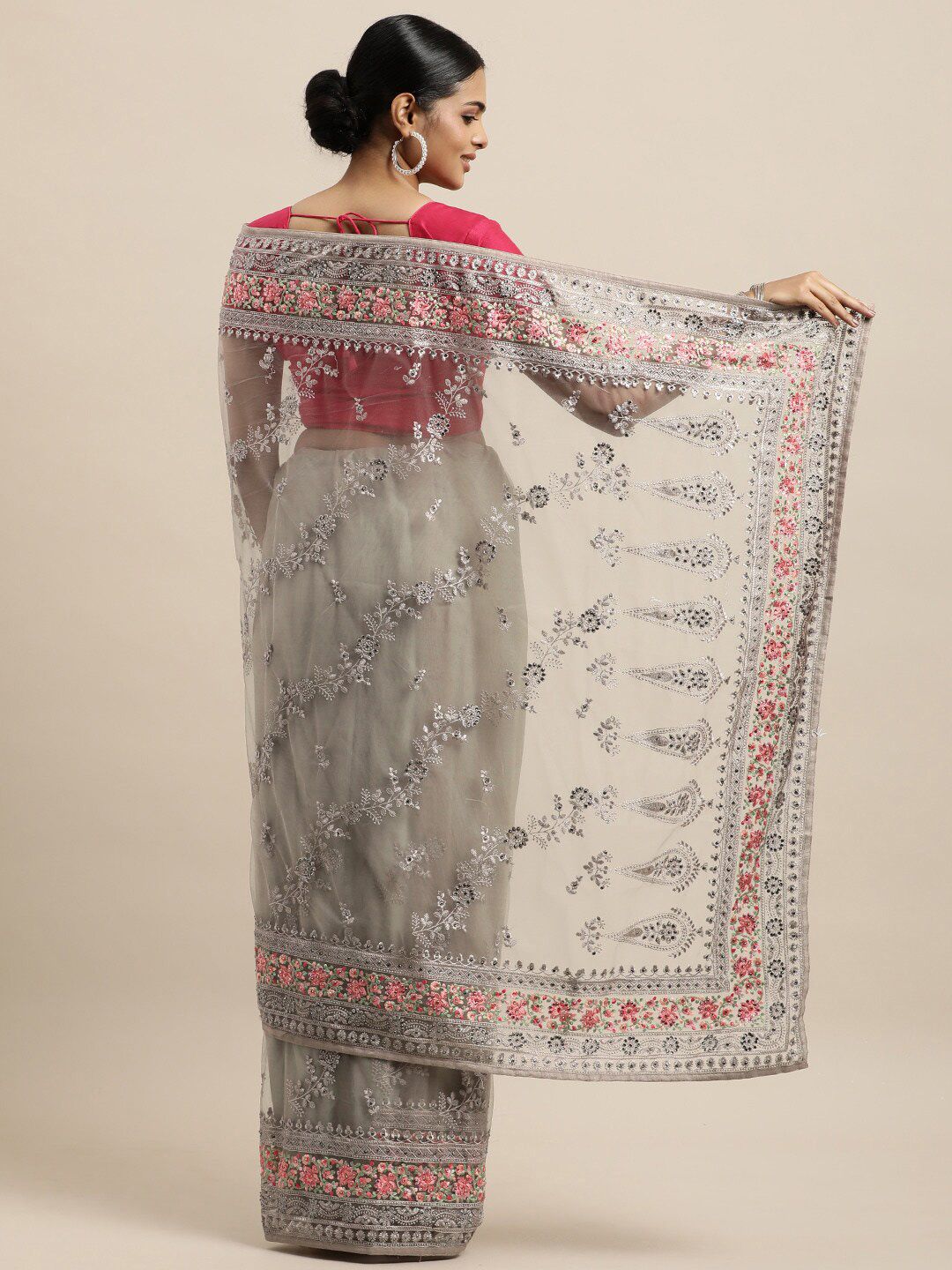 kasee Grey & Fuchsia Floral Embroidered Net Heavy Work Saree