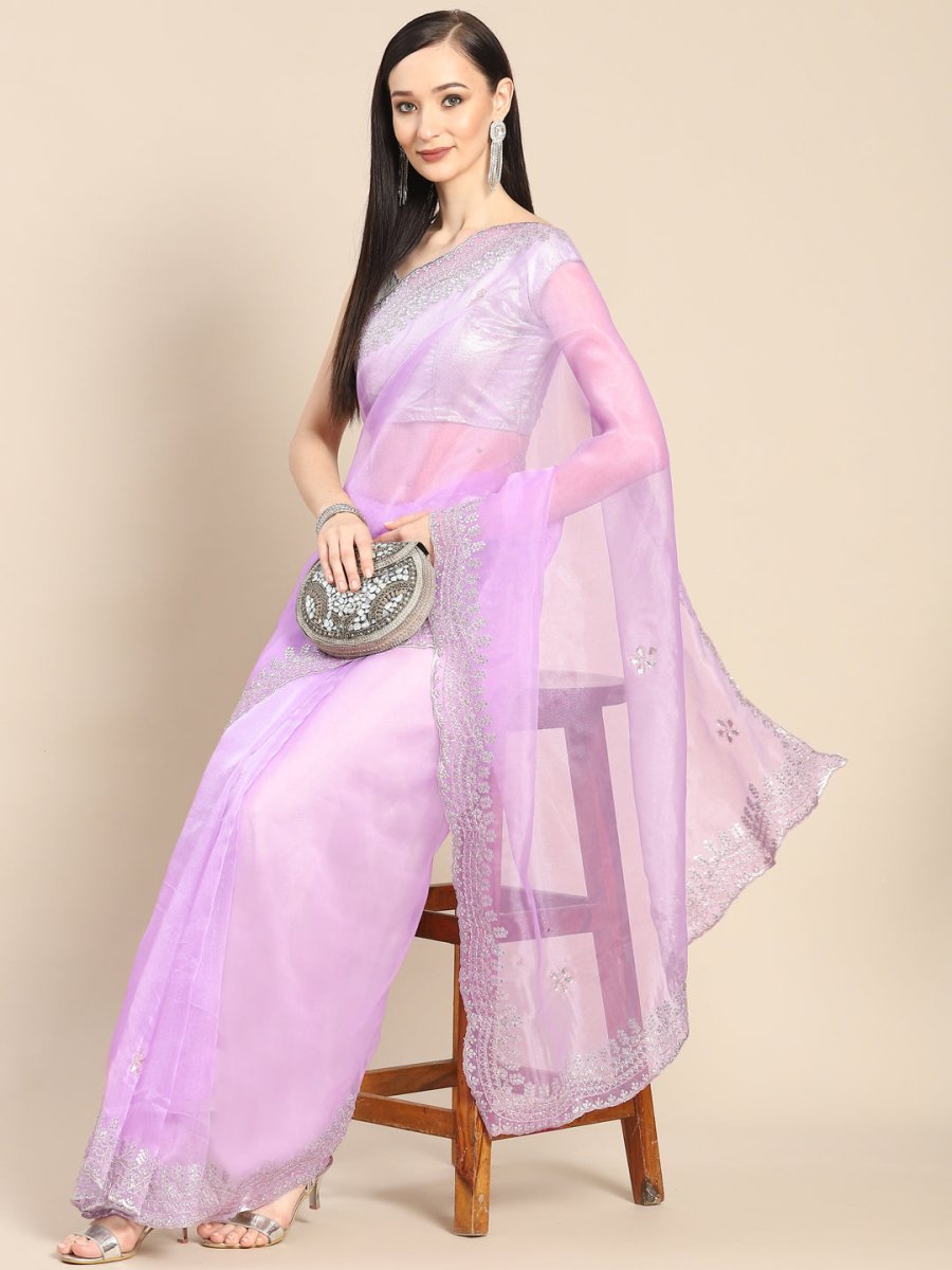 Anouk Lavender & Silver-Coloured Sequinned Organza Saree