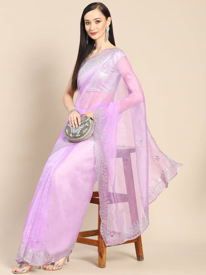 Anouk Lavender & Silver-Coloured Sequinned Organza Saree
