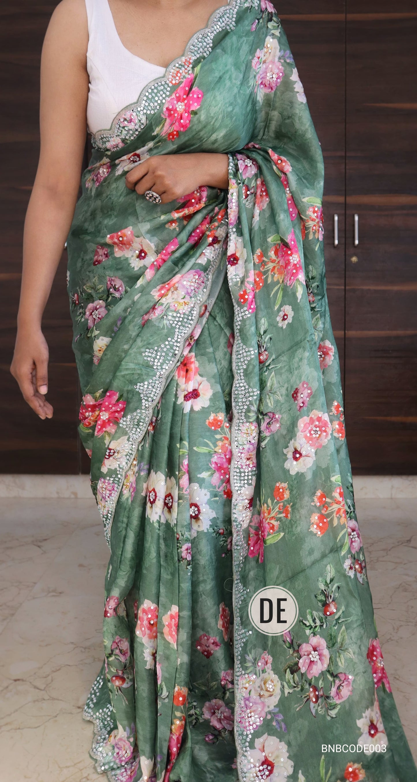 Cowkadi Flowers Buta Print Designer Satin Silk Saree