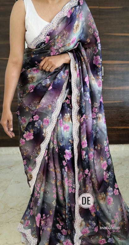 Cowkadi Flowers Buta Print Designer Satin Silk Saree