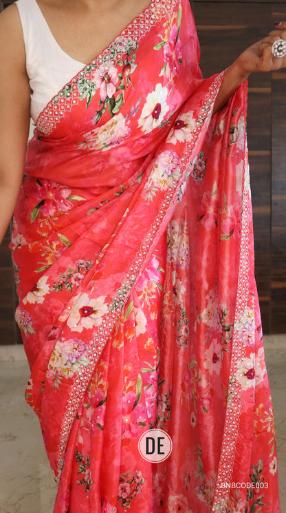 Cowkadi Flowers Buta Print Designer Satin Silk Saree