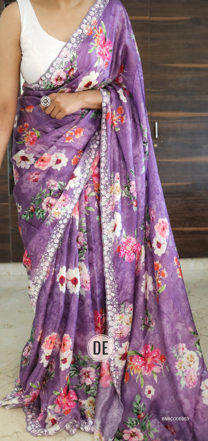 Cowkadi Flowers Buta Print Designer Satin Silk Saree