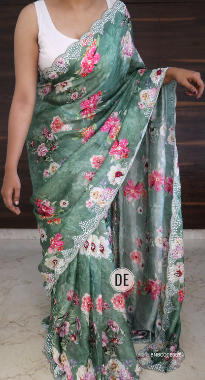 Cowkadi Flowers Buta Print Designer Satin Silk Saree