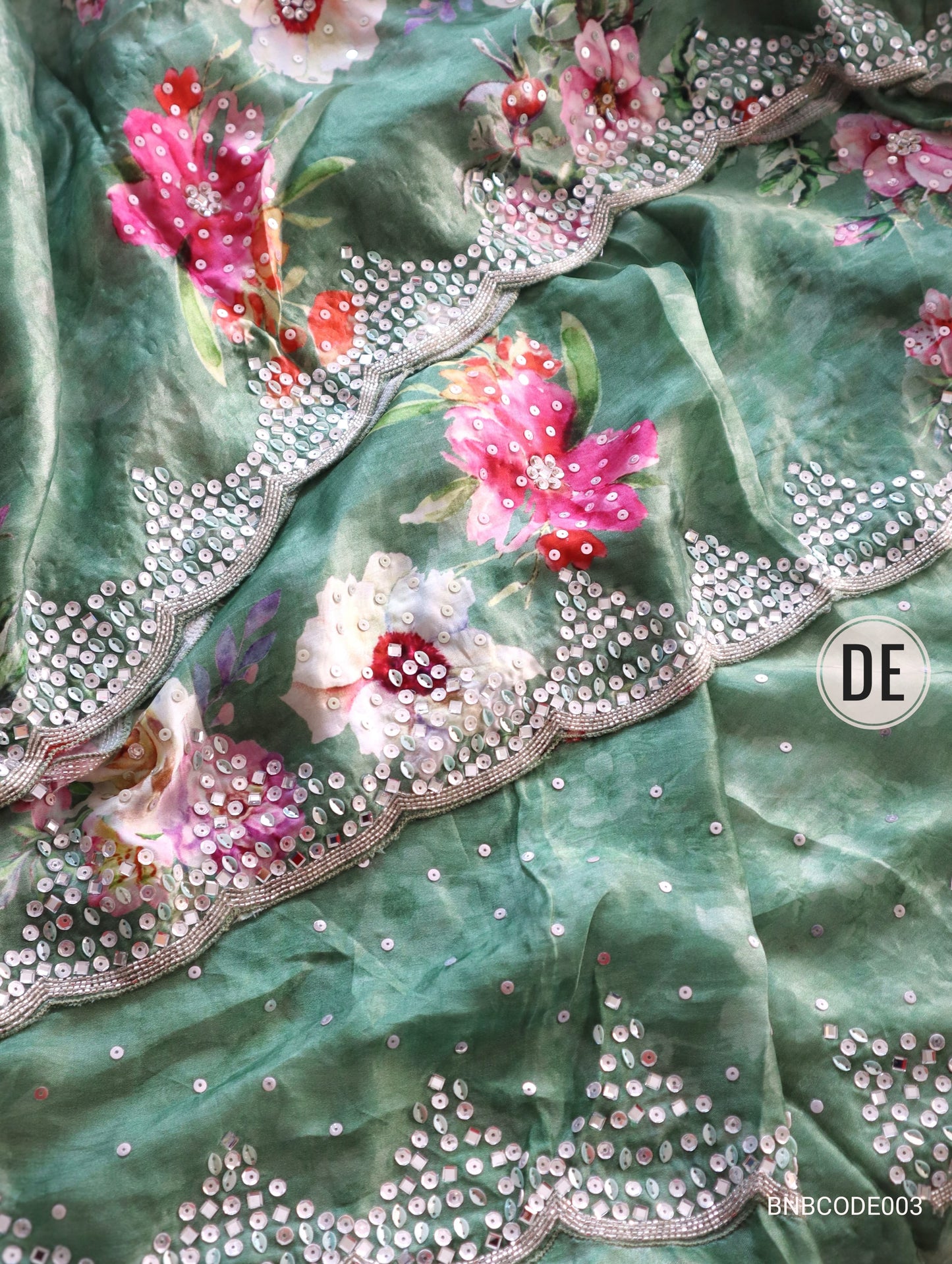 Cowkadi Flowers Buta Print Designer Satin Silk Saree