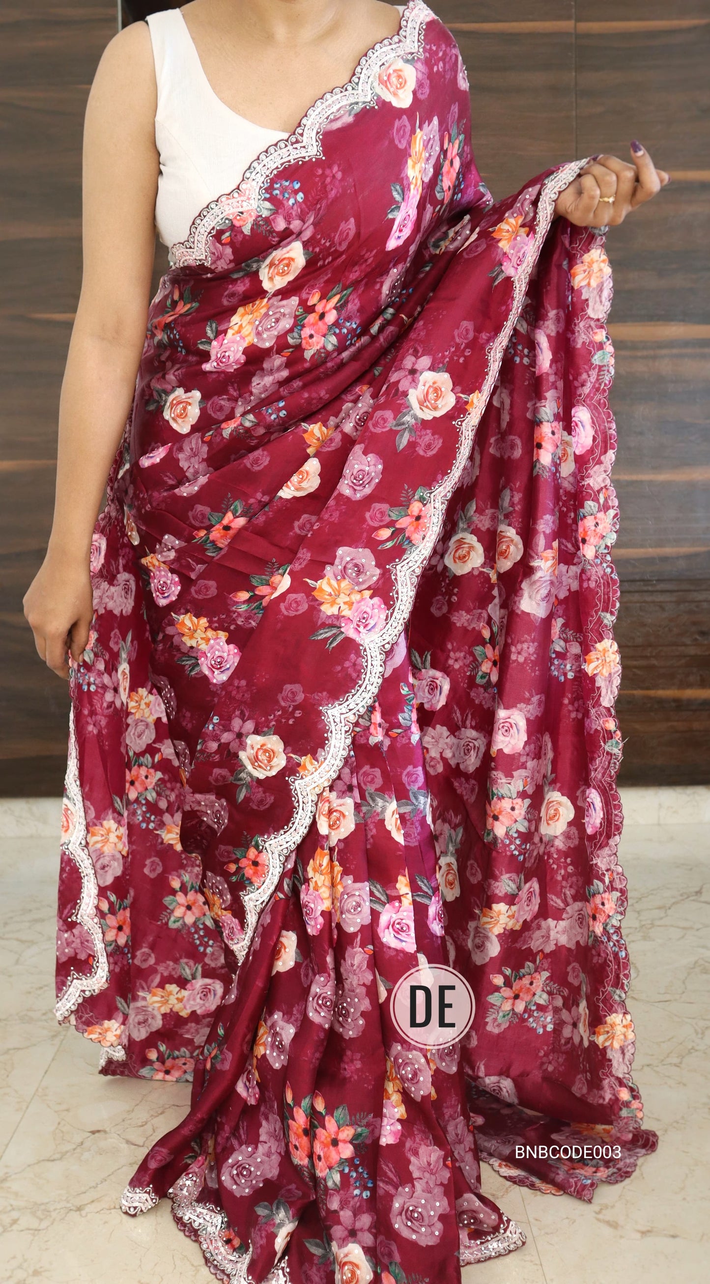 Cowkadi Flowers Buta Print Designer Satin Silk Saree