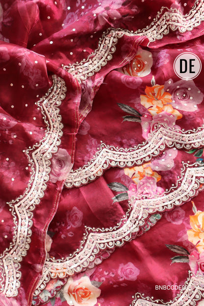 Cowkadi Flowers Buta Print Designer Satin Silk Saree