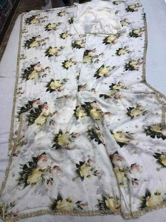 Crepe Floral Pearl Work Saree