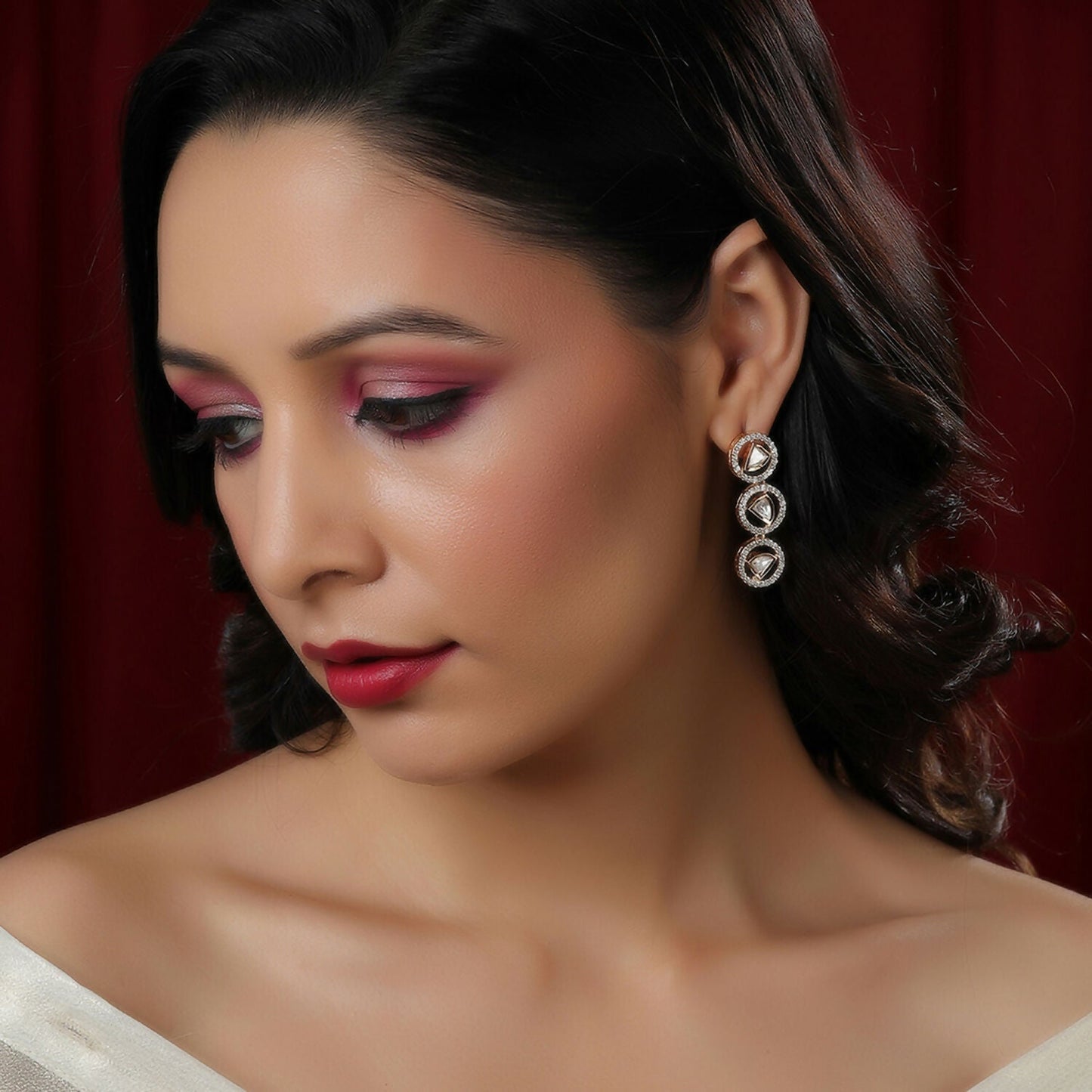 3 Tier Round Diamond and Kundan Earrings (Gold) - Ruby Raang