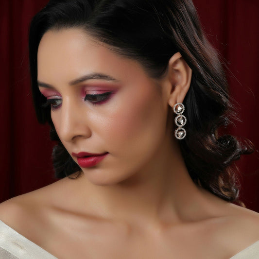 3 Tier Round Diamond and Kundan Earrings (Gold) - Ruby Raang