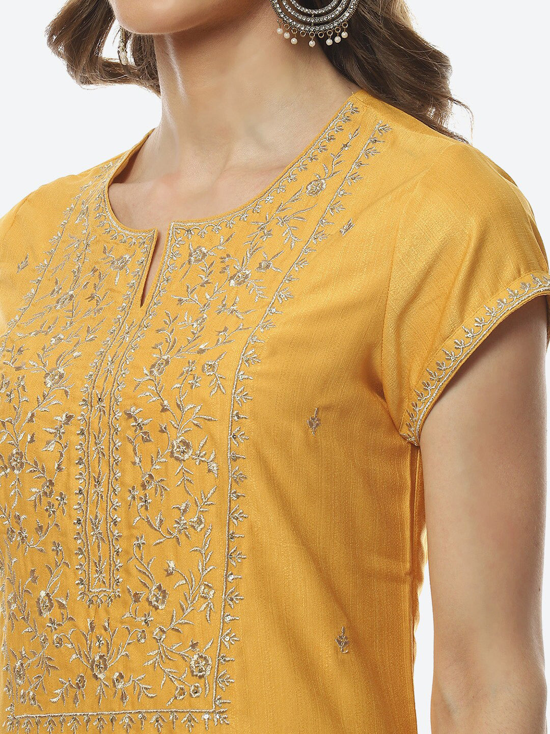 Biba Women Mustard Yellow Floral Embroidered Kurta with Trousers & With Dupatta
