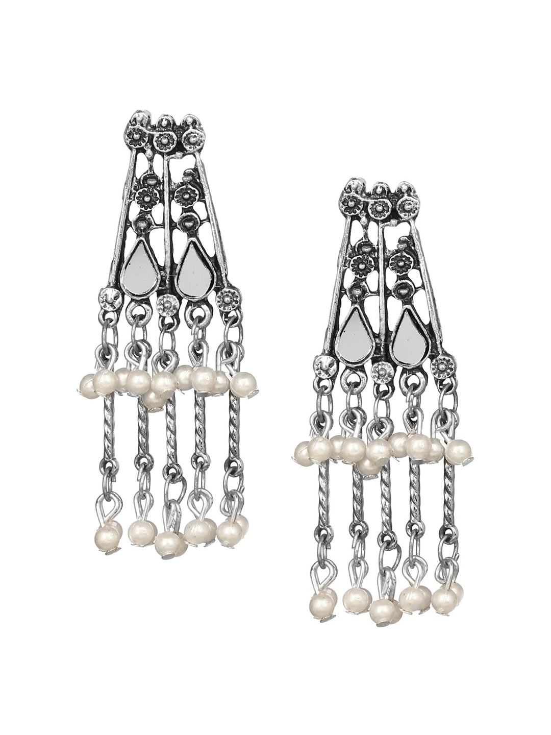 Cardinal Silver-Toned Mirror Studded & Beaded Oxidised Choker Jewellery Set