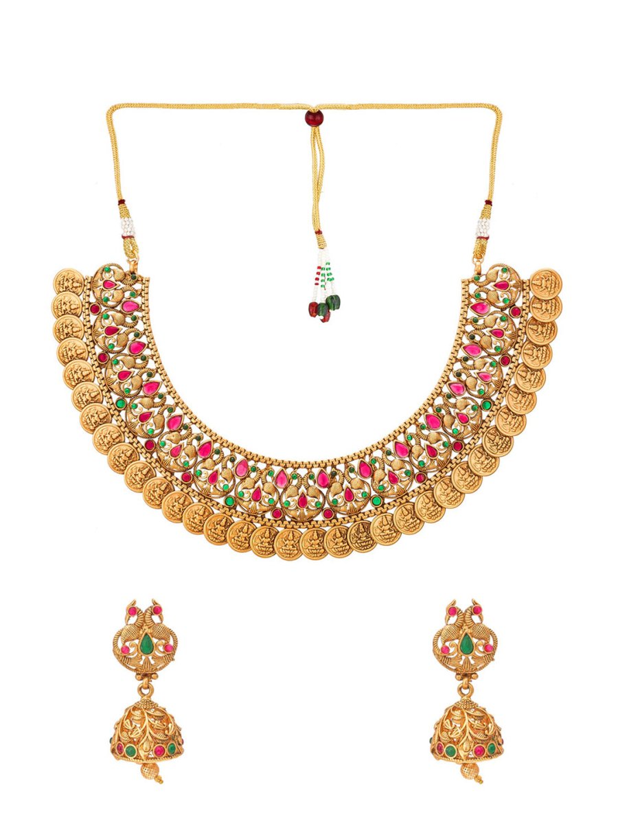 Aadita Gold-Polished Green & Pink Stone-Studded & Pearl Beaded Jewellery Set