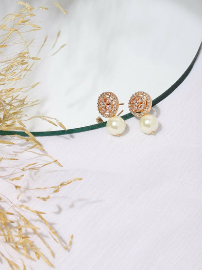 Pearl Stone Earrings in Rose Gold Tone- Ruby Raang