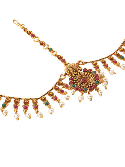 Yellow Chimes Women Gold-Polished,Maroon,Green White Pearl Hanging Bridal Mathapatti