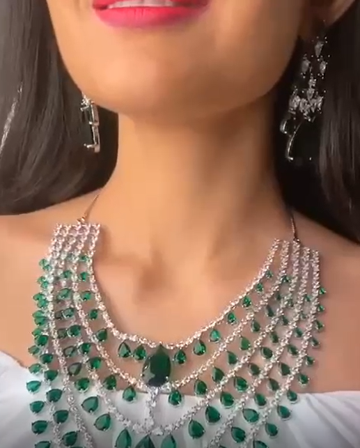 Designer 5 Layers Green and Silver Antique Necklace Set