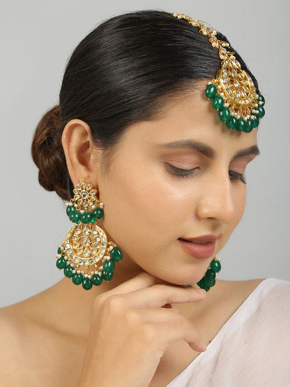 Designer Dark Green and Golden Kundan Earrings and Maang Tikka Set