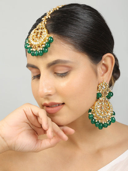 Designer Dark Green and Golden Kundan Earrings and Maang Tikka Set