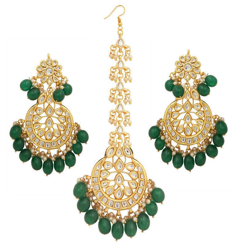 Designer Dark Green and Golden Kundan Earrings and Maang Tikka Set