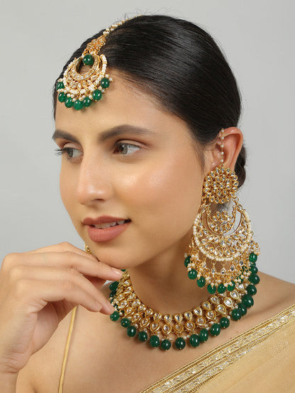 Designer Dark Green and Golden Kundan Necklace With Earrings and Maang Tikka Set