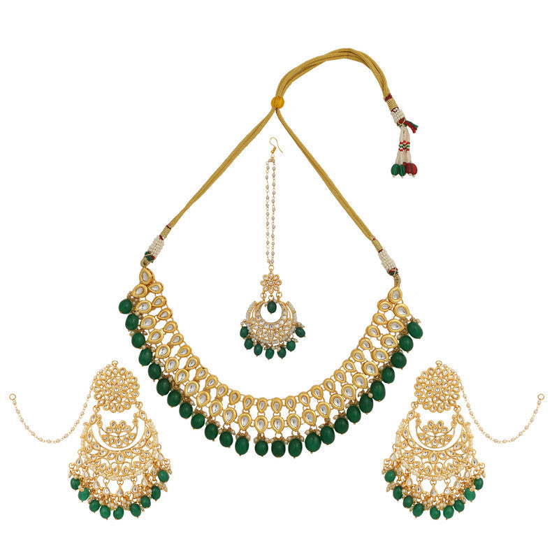 Designer Dark Green and Golden Kundan Necklace With Earrings and Maang Tikka Set