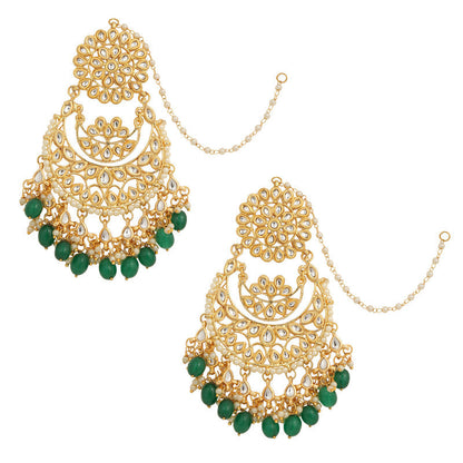 Designer Dark Green and Golden Kundan Necklace With Earrings and Maang Tikka Set