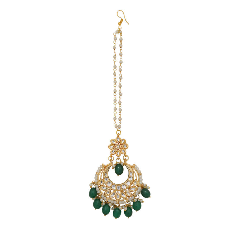 Designer Dark Green and Golden Kundan Necklace With Earrings and Maang Tikka Set