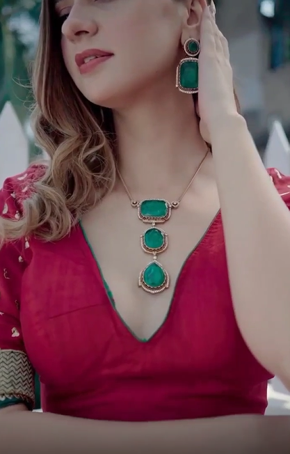 Designer Emerald Green and Golden Color Necklace Set